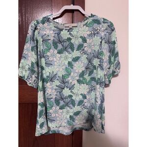 LOFT Floral Puff Sleeve Top Light Blue Green White Women's Medium M